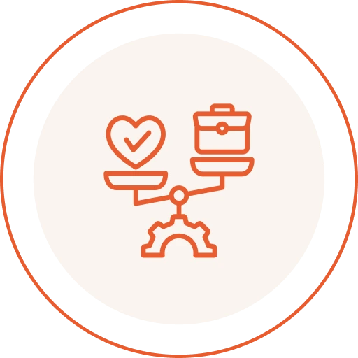 Icon showing a heart with checkmark balanced on one side and a briefcase on the other, representing work-life balance in readjustment to civilian life