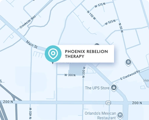 Map showing Phoenix Rebellion Therapy location pin in Kaysville, Utah near local landmarks
