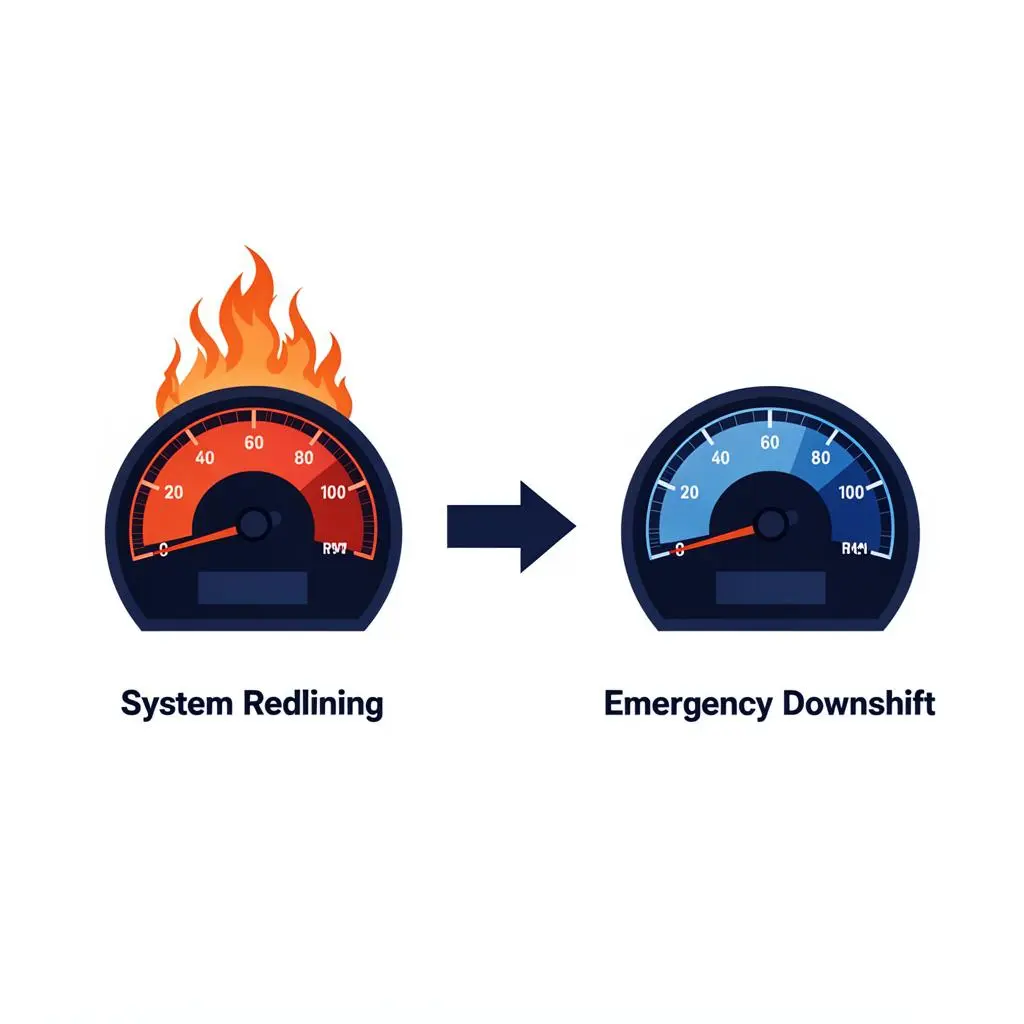 Car engine metaphor: system redlining vs emergency downshift