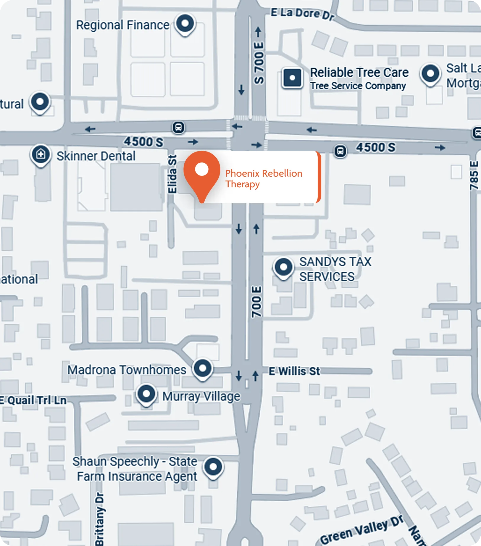 Map of Salt Lake County showing Phoenix Rebellion Therapy location near 4500 S and 700 E