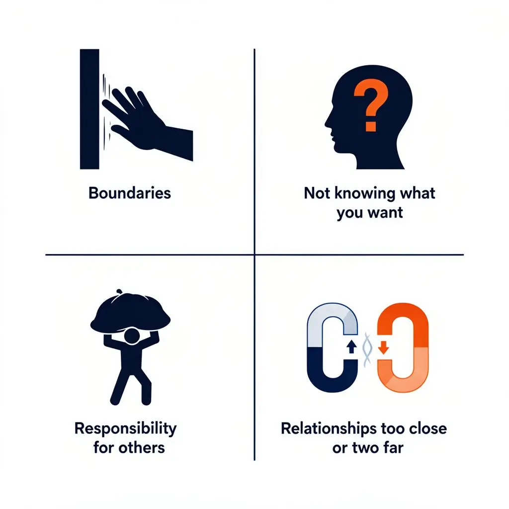 Four adult patterns from enmeshment: Boundaries, Not knowing what you want, Responsibility for others, Relationships too close or too far