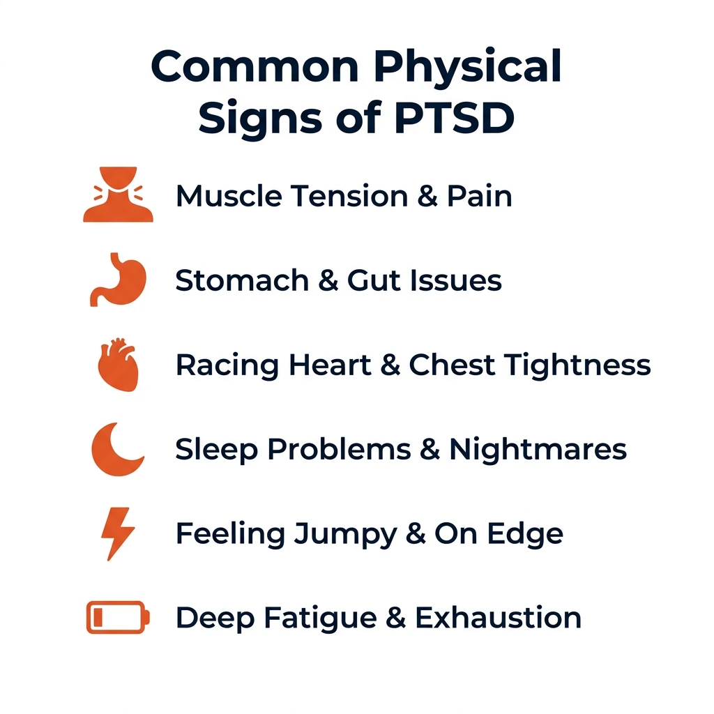 Common physical signs of PTSD: muscle tension, stomach issues, racing heart, sleep problems, feeling jumpy, deep fatigue