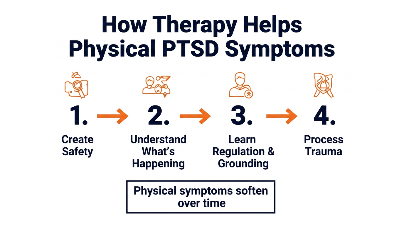 Four therapy steps: Create Safety, Understand What's Happening, Learn Regulation & Grounding, Process Trauma