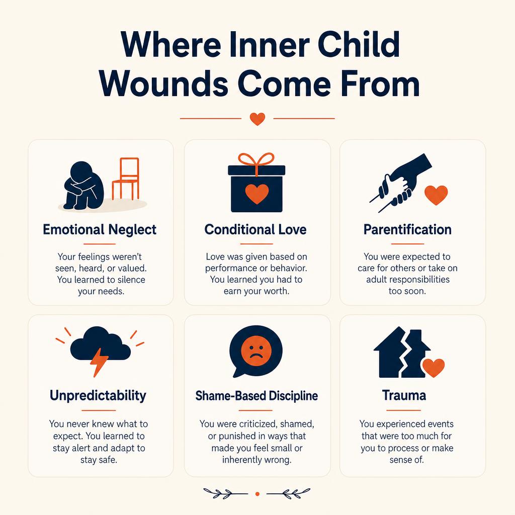 Where inner child wounds come from: emotional neglect, conditional love, parentification, unpredictable home environments, shame-based discipline, and direct trauma