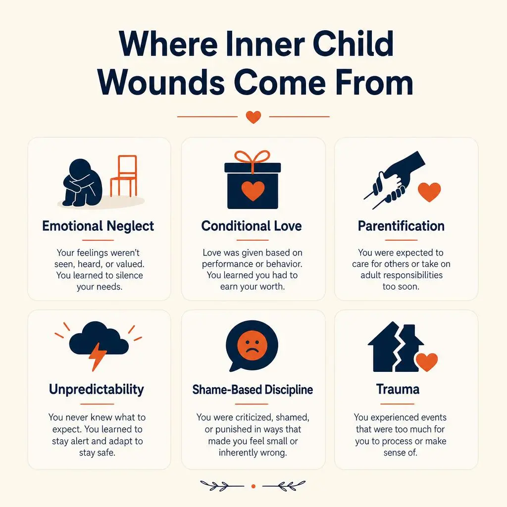 Where inner child wounds come from: emotional neglect, conditional love, parentification, unpredictable home environments, shame-based discipline, and direct trauma