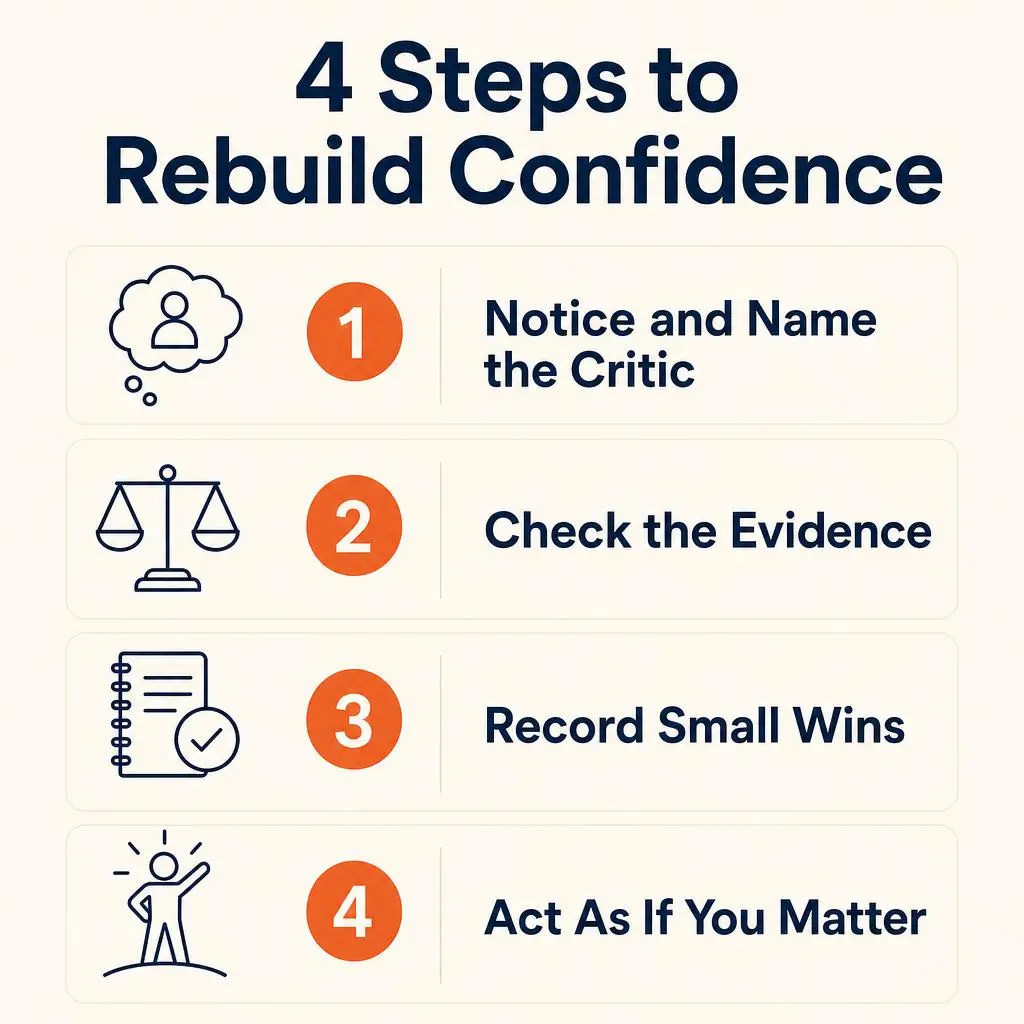 4 steps to start rebuilding a healthier self image: name the critic, test the belief, track the evidence, and act against the avoidance