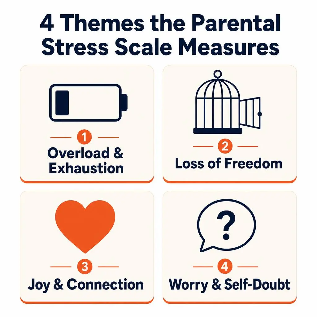 4 Themes the Parental Stress Scale Measures: overload, loss of freedom, joy and connection, worry and self-doubt