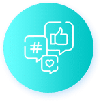 Hashtag and thumbs up icons on cyan circle