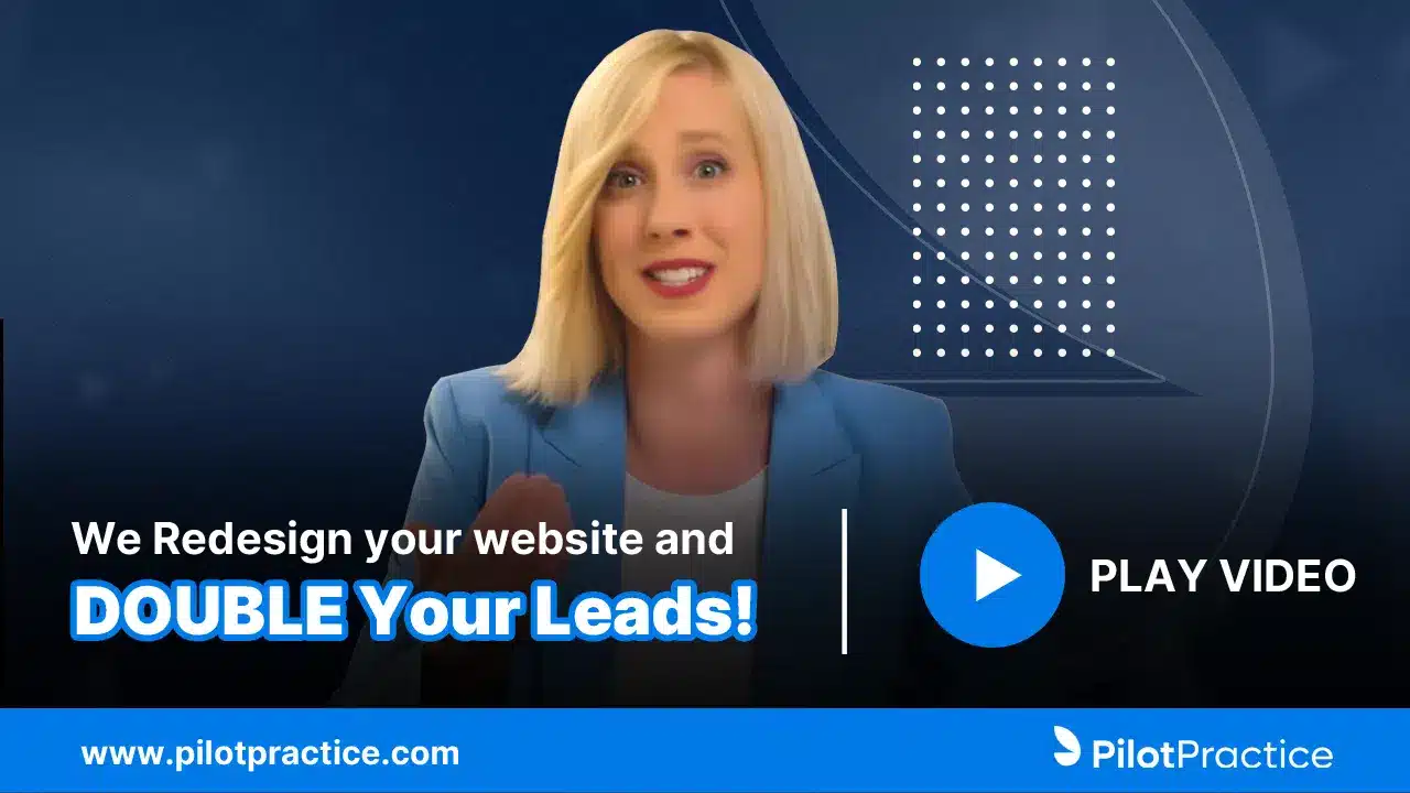 Woman in blue blazer presenting text about website redesign and lead generation with play video button