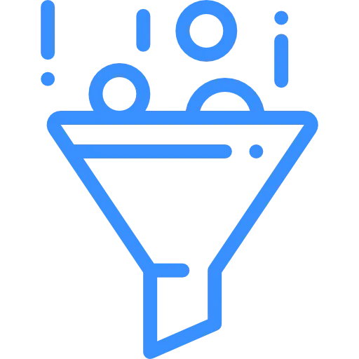 Blue funnel icon with sparkle and filter dots