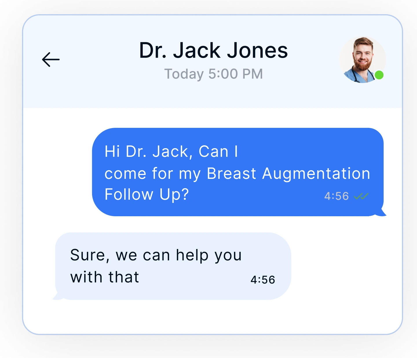 Chat conversation between patient and Dr. Jack Jones about breast augmentation follow-up appointment