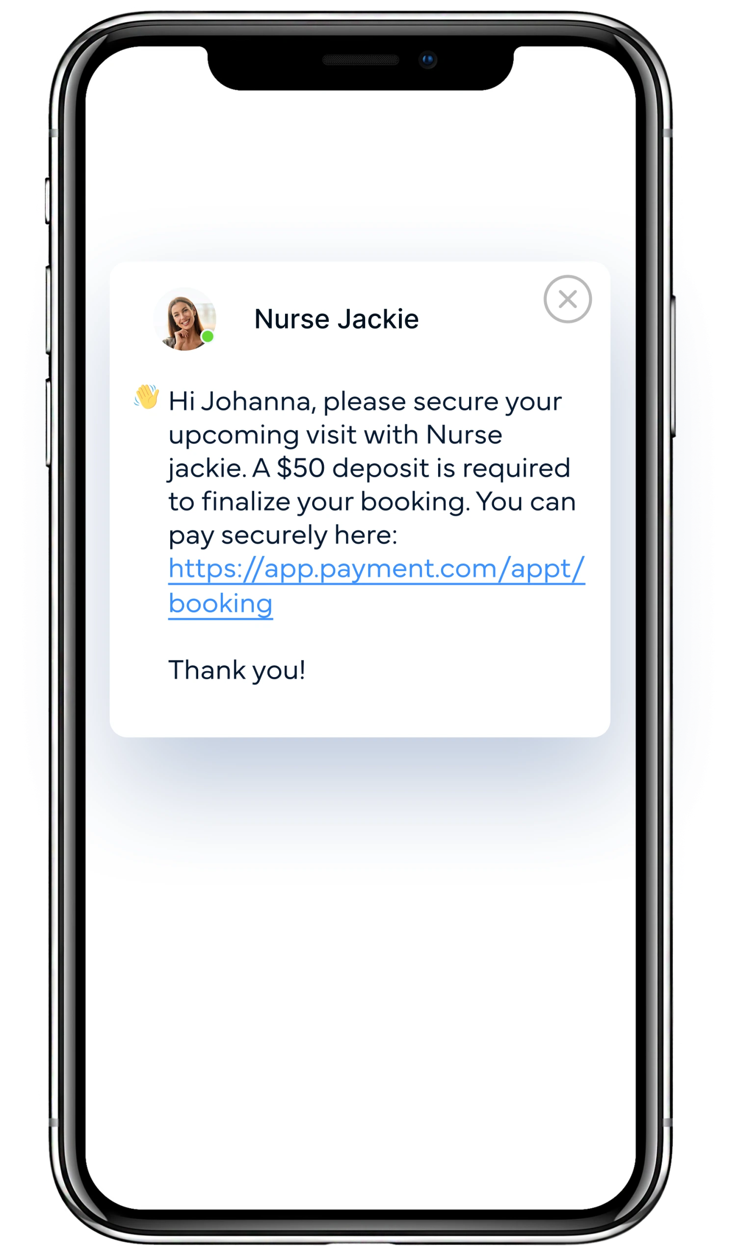Text message from Nurse Jackie requesting $50 deposit to secure appointment with link to secure payment page