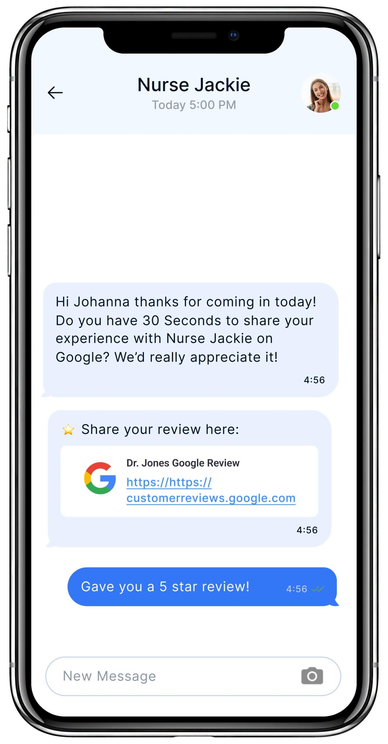 Text conversation with Nurse Jackie showing automated review request for Google and patient's five-star review response