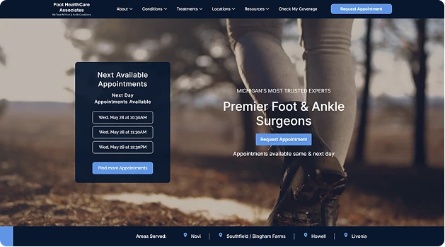 Close-up of a person's lower leg and foot on an outdoor trail, with appointment availability overlay for Premier Foot & Ankle Surgeons