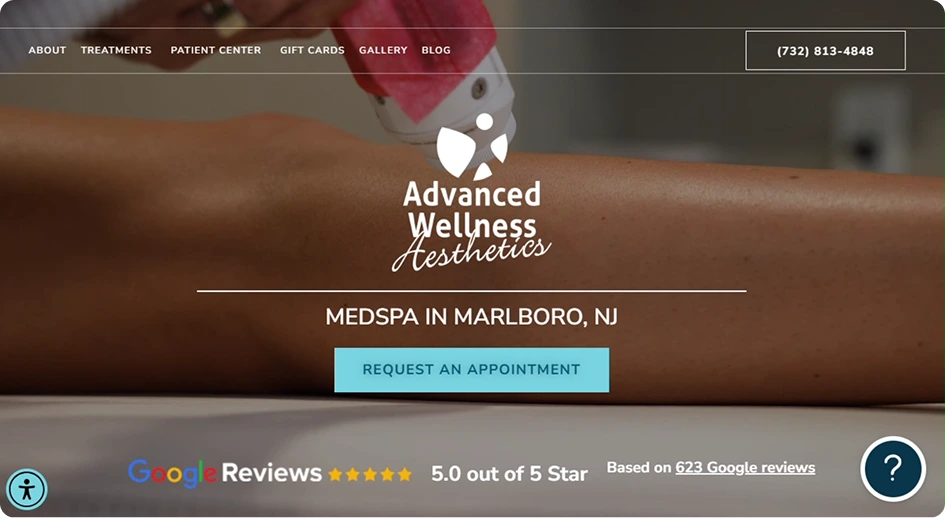 Advanced Wellness Aesthetics logo with woman receiving facial treatment in Marlboro, NJ medspa