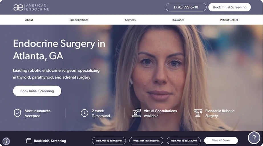 Woman's face with text 'Endocrine Surgery in Atlanta, GA' and service highlights including robotic surgery specialization