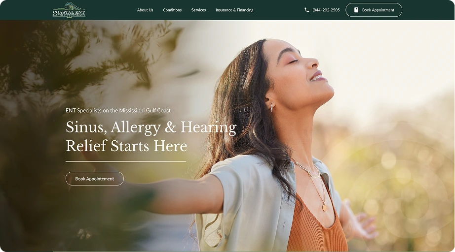 Woman with eyes closed tilting head back outdoors, promoting sinus and allergy relief services