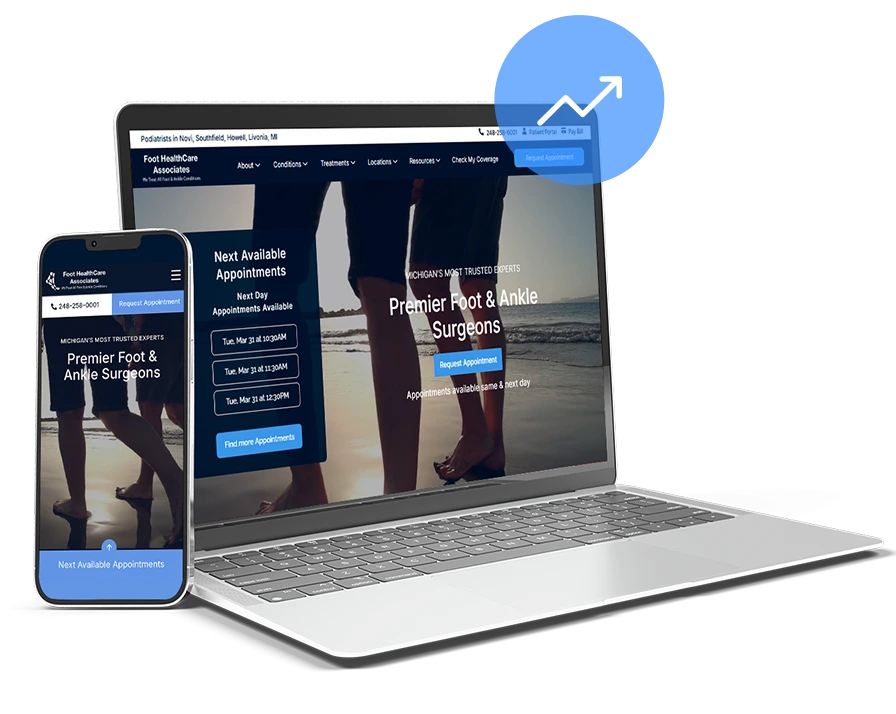 Podiatry website displayed on laptop and mobile phone with Premier Foot & Ankle Surgeons appointment booking interface