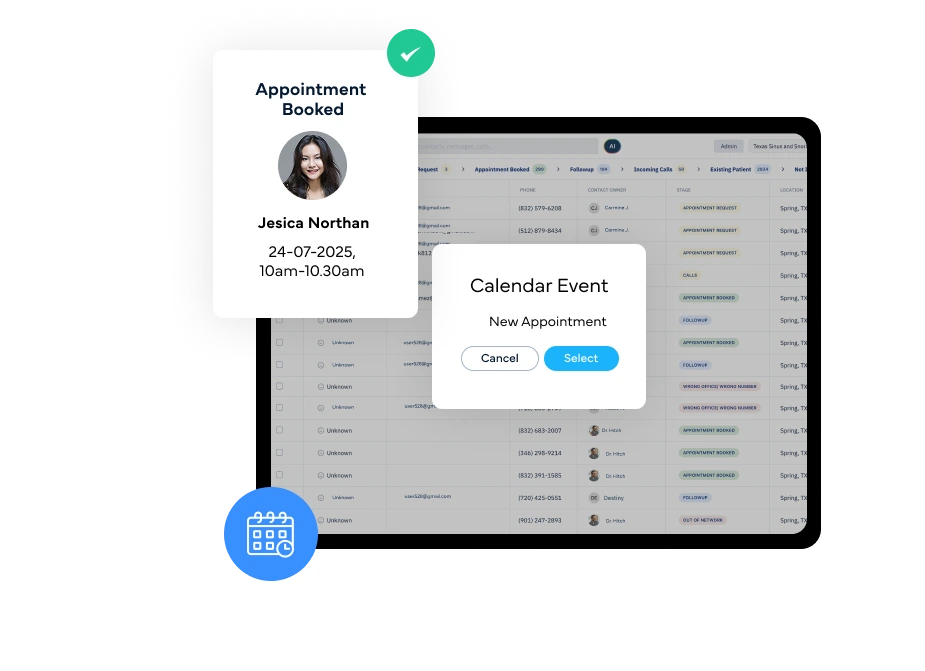 Patient Jessica Northan's appointment booked for July 24, 2025 at 10am, shown with calendar interface and appointment confirmation dialog