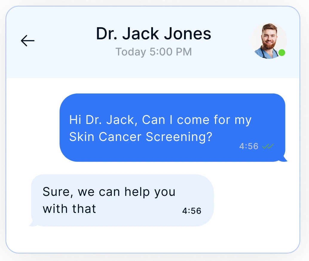 Chat conversation between patient asking Dr. Jack Jones about skin cancer screening appointment