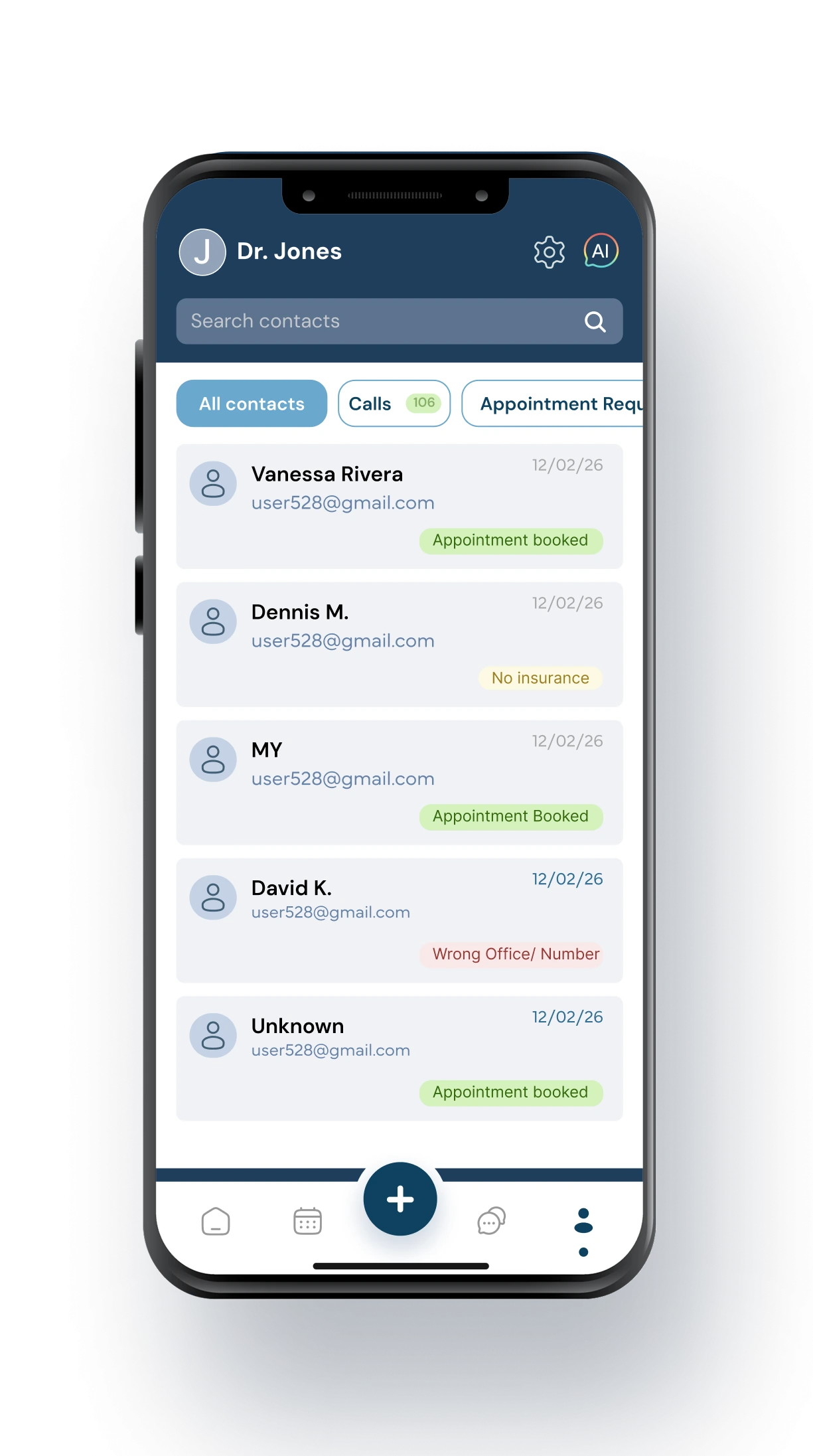 Smartphone displaying Dr. Jones' contact management app with patient list showing appointment and insurance status