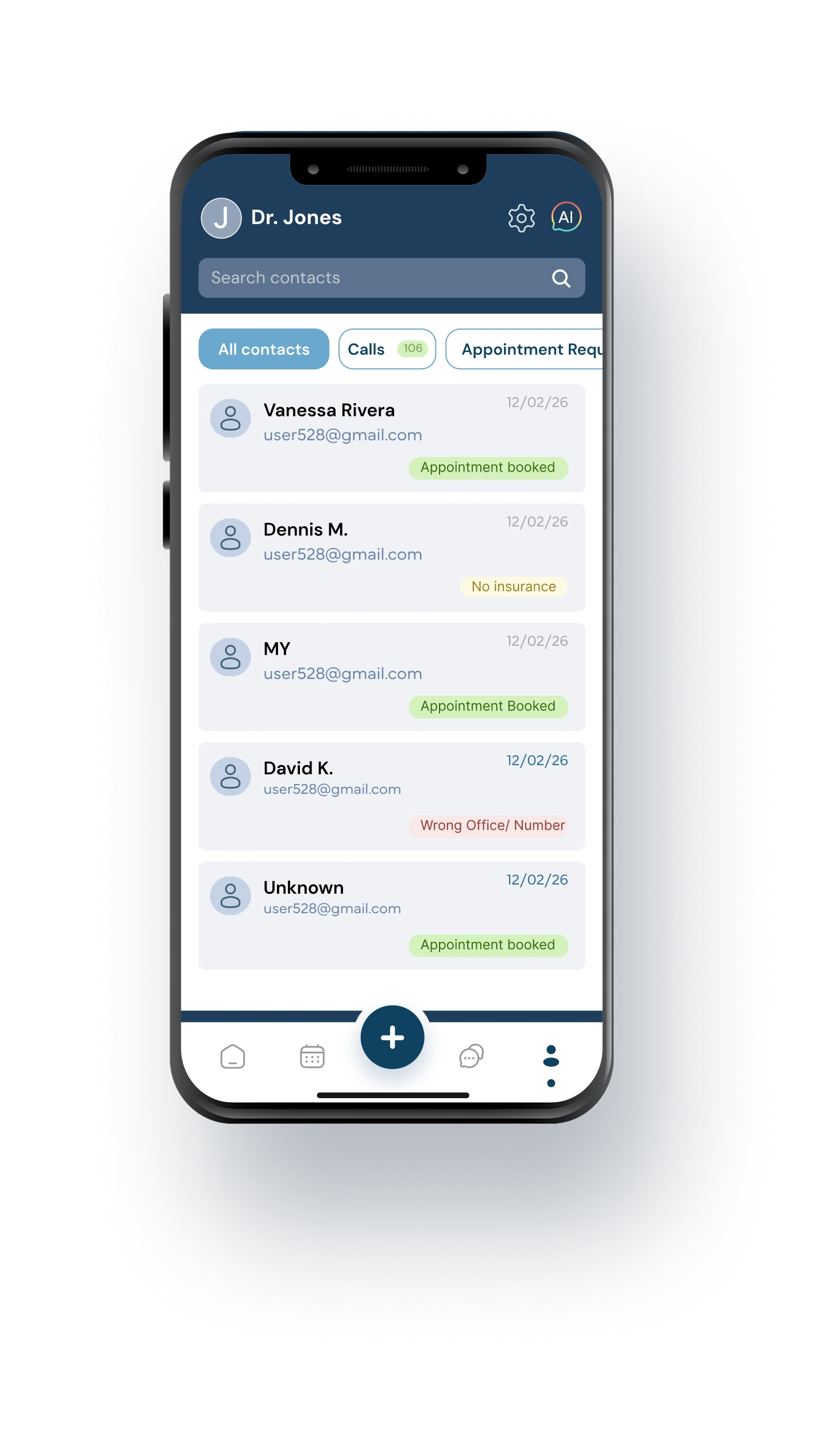 Dr. Jones' patient contact list on smartphone displaying five patient entries with appointment statuses and insurance information