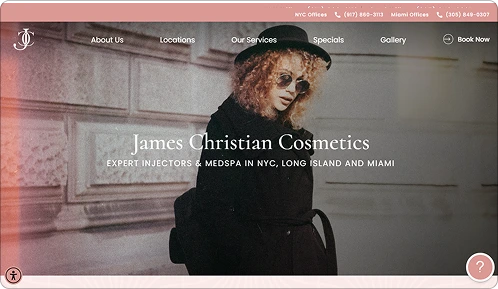 James Christian Cosmetics website header with woman in black outfit and hat, advertising expert injectables and medspa services in NYC, Long Island, and Miami