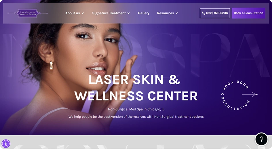 Laser Skin & Wellness Center home page featuring woman's face with purple gradient background, Chicago, IL