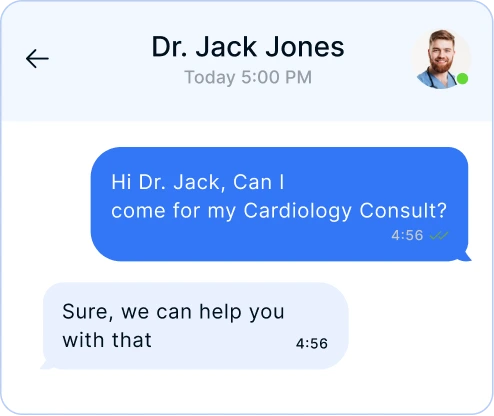 Smartphone messaging interface with Dr. Jack Jones confirming availability for cardiology consultation