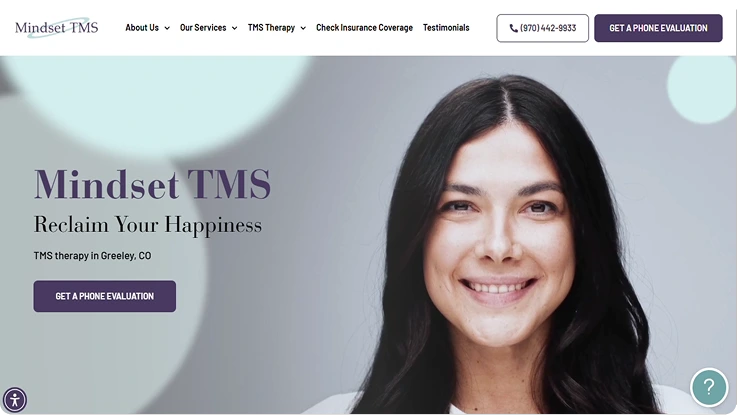 Smiling woman with long dark hair, Mindset TMS branding, text reads Reclaim Your Happiness, TMS therapy in Greeley CO