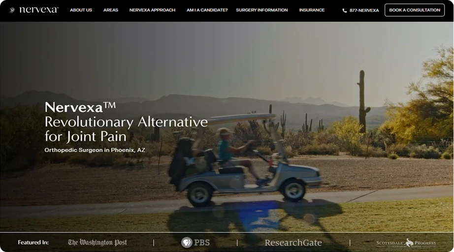 Two people riding golf cart through desert landscape with saguaro cacti, promoting Nervexa joint pain treatment in Phoenix