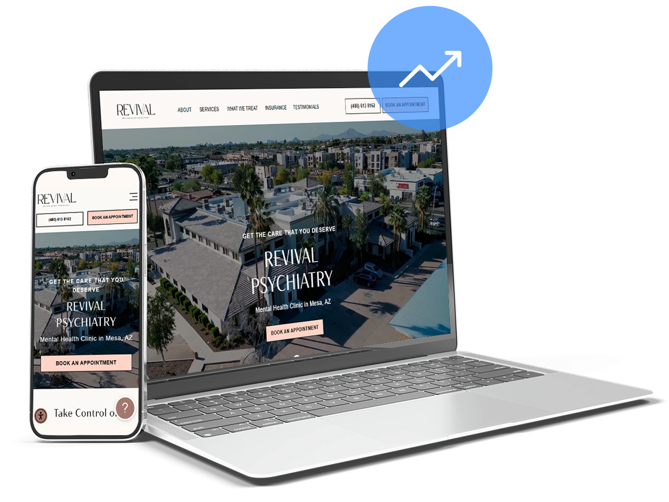 Revival Psychiatry website displayed on laptop and smartphone screens with upward trend icon