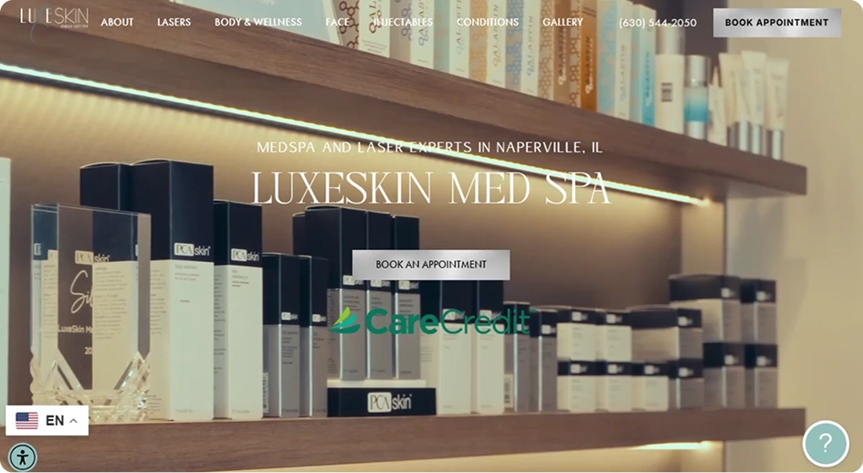 Luxeskin Med Spa display shelf with skincare and treatment products in Naperville, IL