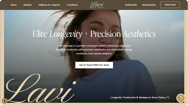 Lavi Medspa website header displaying Elite Longevity + Precision Aesthetics services with woman's face and Get In Touch call-to-action button