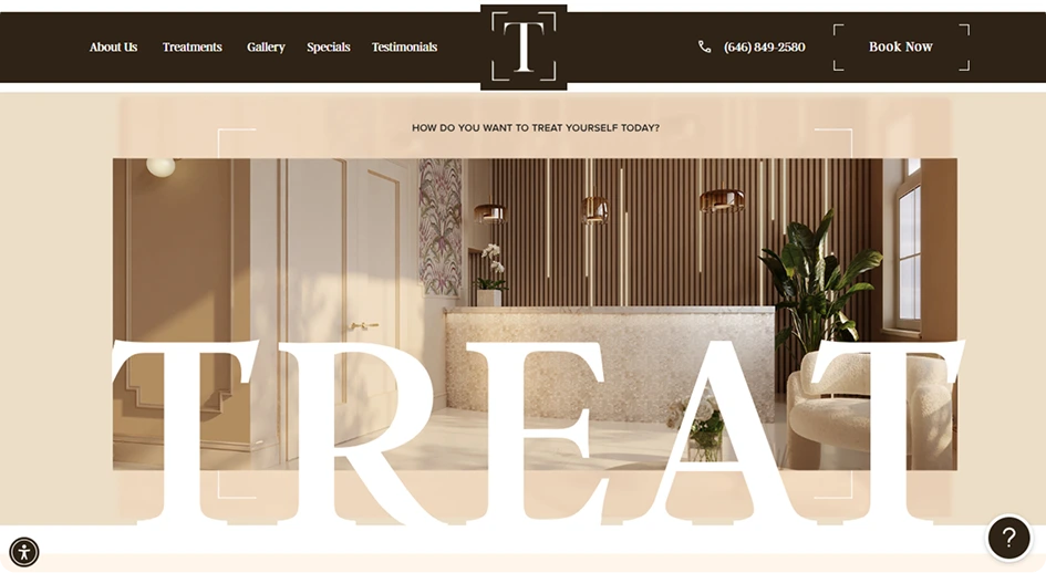 Luxury spa treatment room with neutral tones and modern furnishings with text 'TREAT'