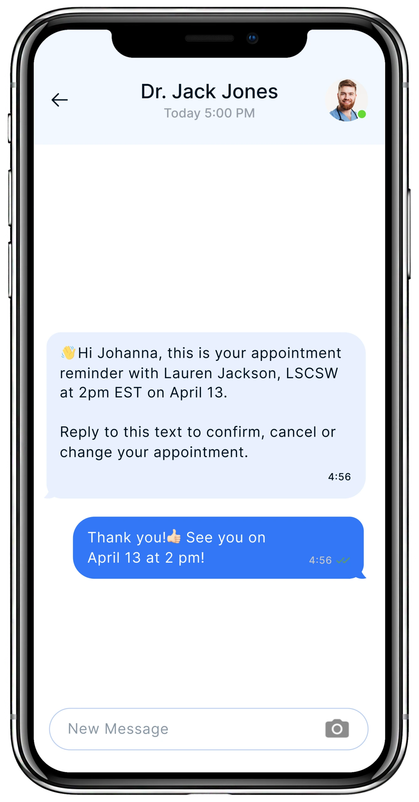 Text message conversation showing appointment reminder from Dr. Jack Jones office to patient Johanna for appointment with Lauren Jackson, LCSW on April 13 at 2pm EST, with patient confirmation reply