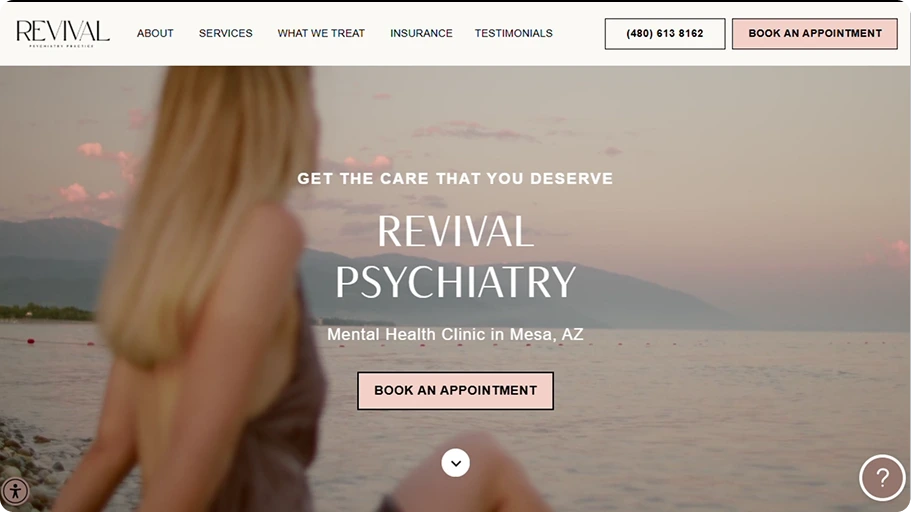 Woman standing at sunset beach with Revival Psychiatry mental health clinic headline for Mesa, AZ