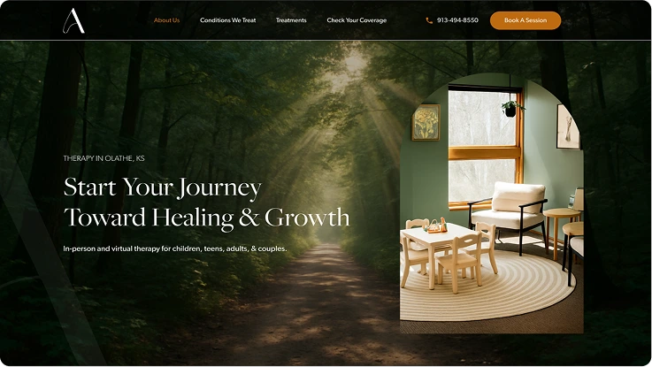 Sunlit forest path transitioning to bright therapy room with wooden furniture and round woven rug