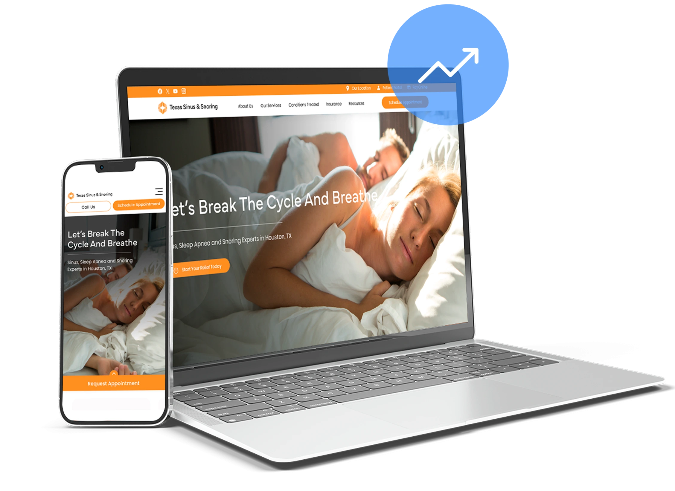 Texas Sinus and Snoring website displayed on laptop and smartphone showing sleep apnea treatment information