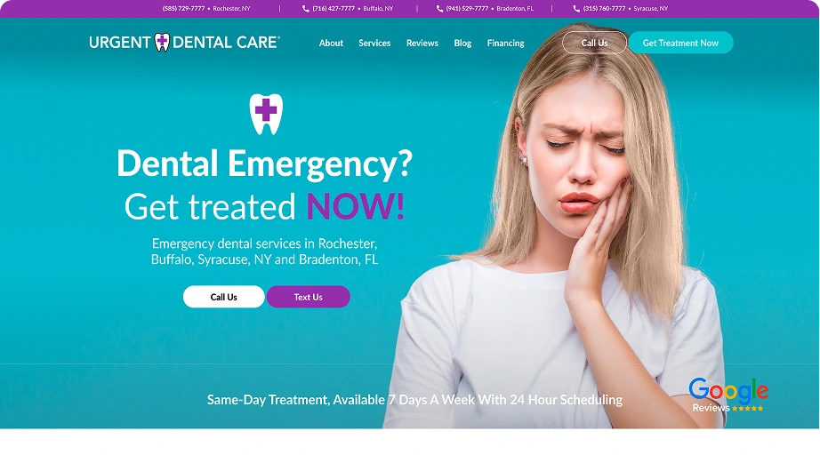 Woman holding cheek in pain with Urgent Dental Care emergency services headline for Rochester, Buffalo, Syracuse, and Bradenton