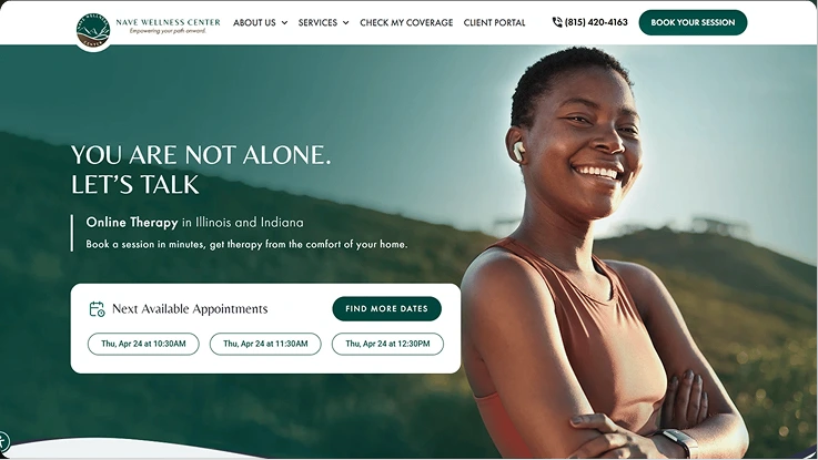 Smiling woman in outdoor setting with green mountains in background for Nave Wellness Center online therapy in Illinois and Indiana
