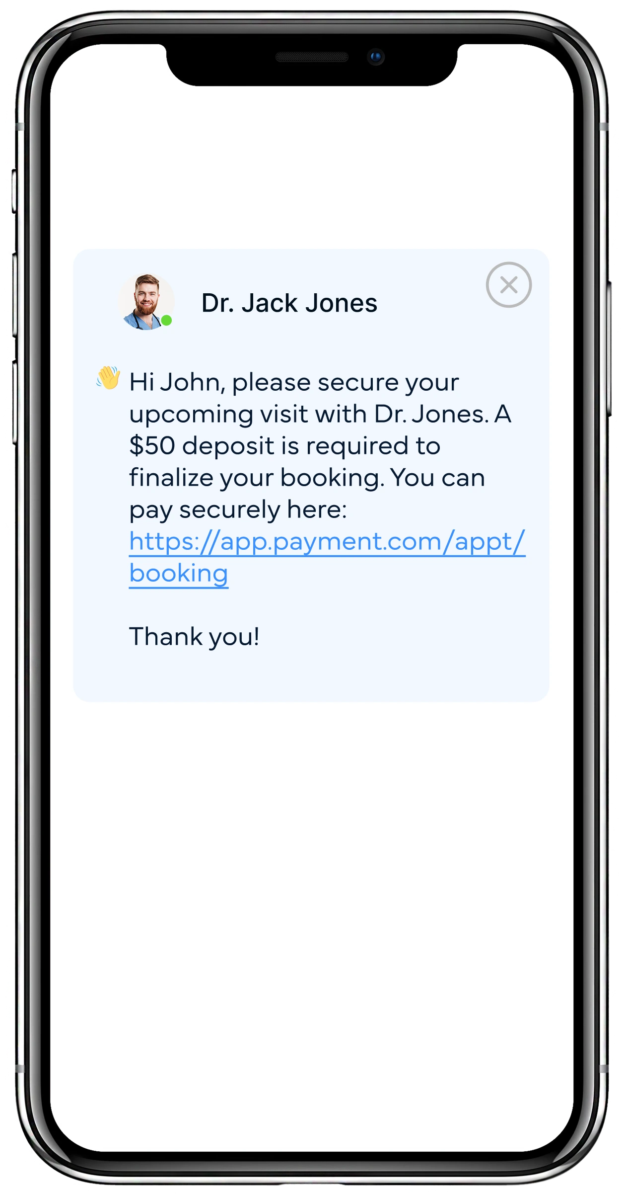 Text message from Dr. Jack Jones requesting $50 deposit to secure appointment booking with payment link