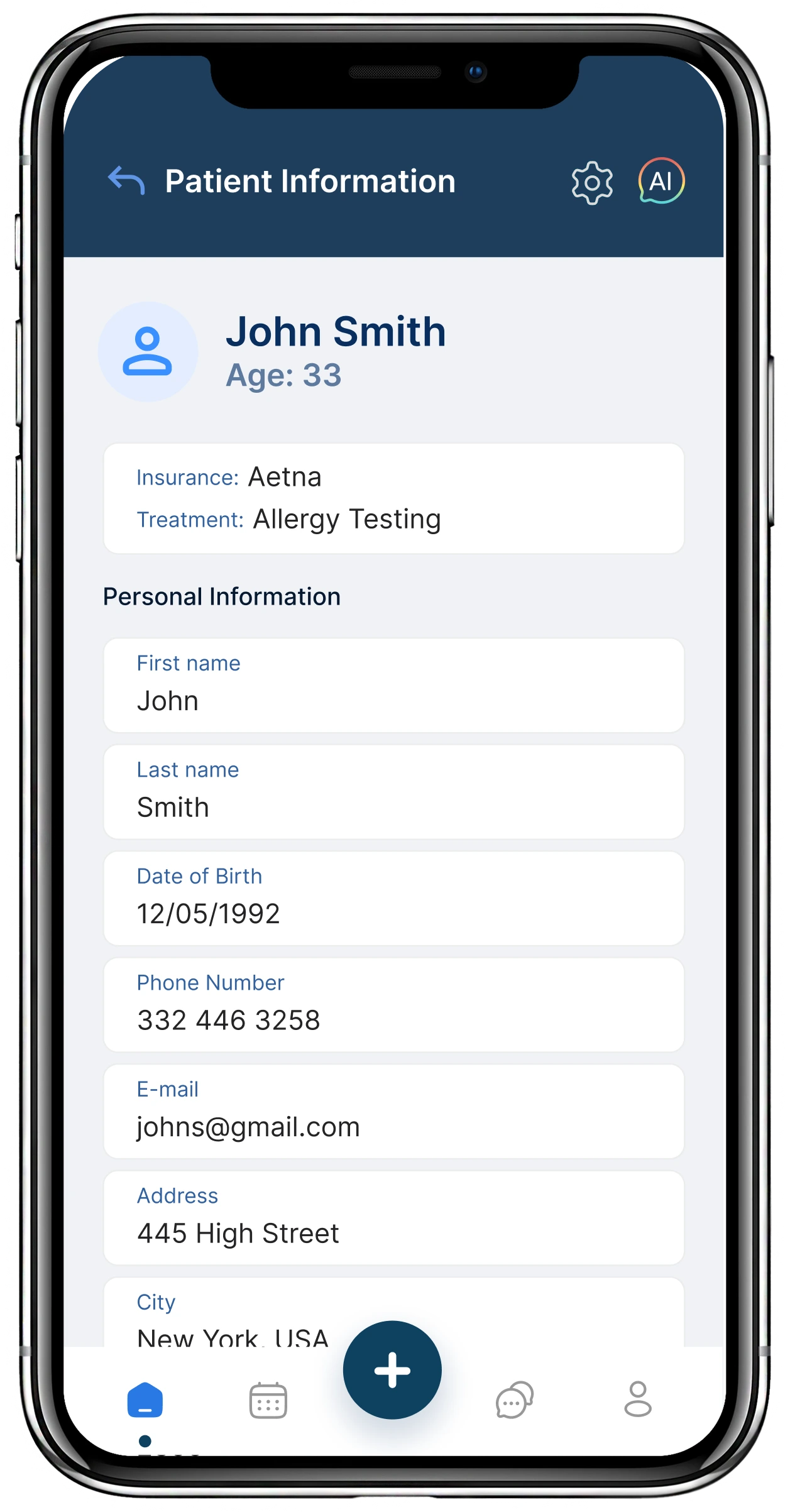 Patient information screen for John Smith, age 33, with Aetna insurance and allergy testing treatment, displaying personal details and contact information