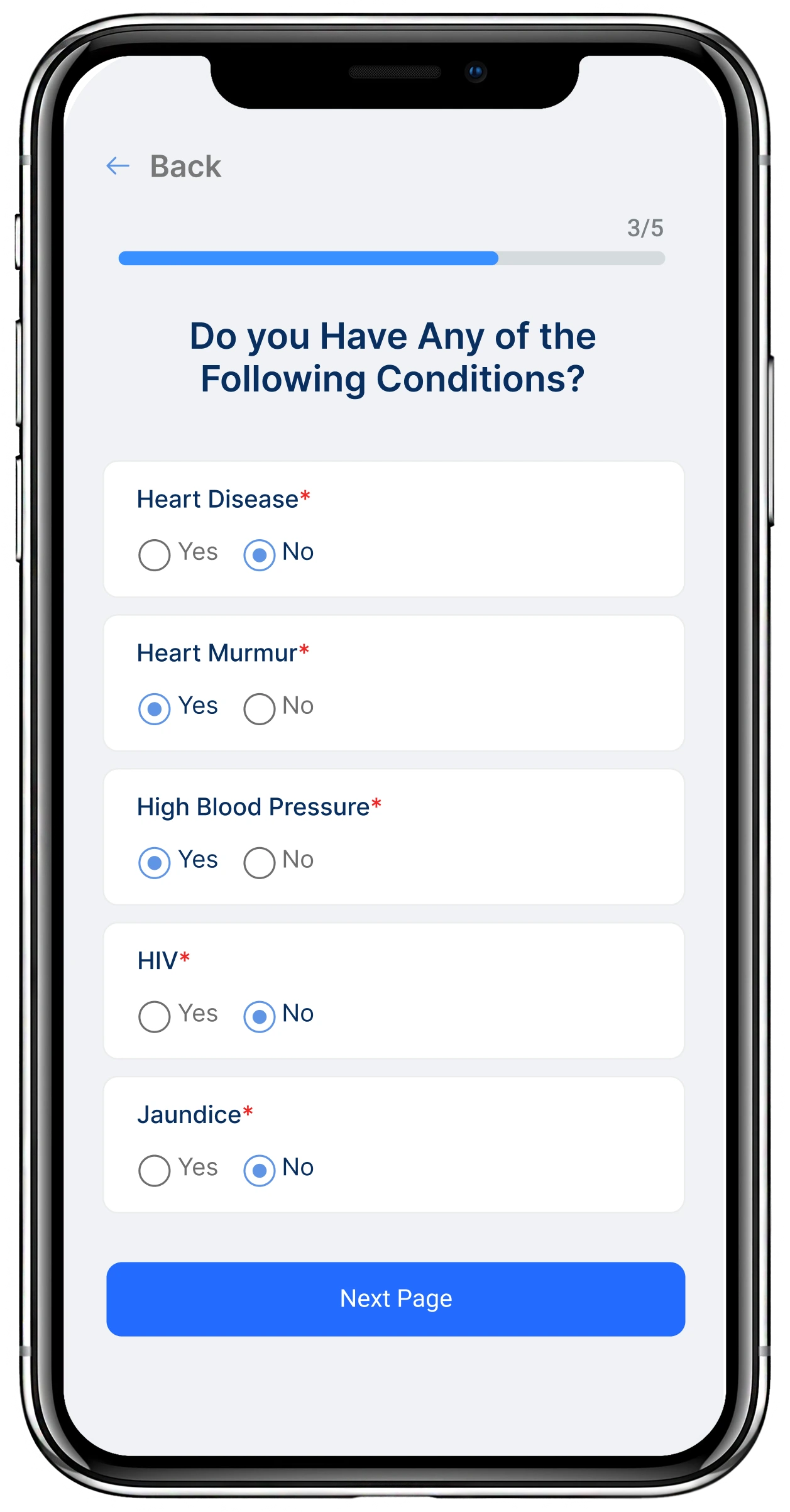 Patient intake form screen asking about medical conditions including heart disease, heart murmur, high blood pressure, HIV, and jaundice with yes/no options