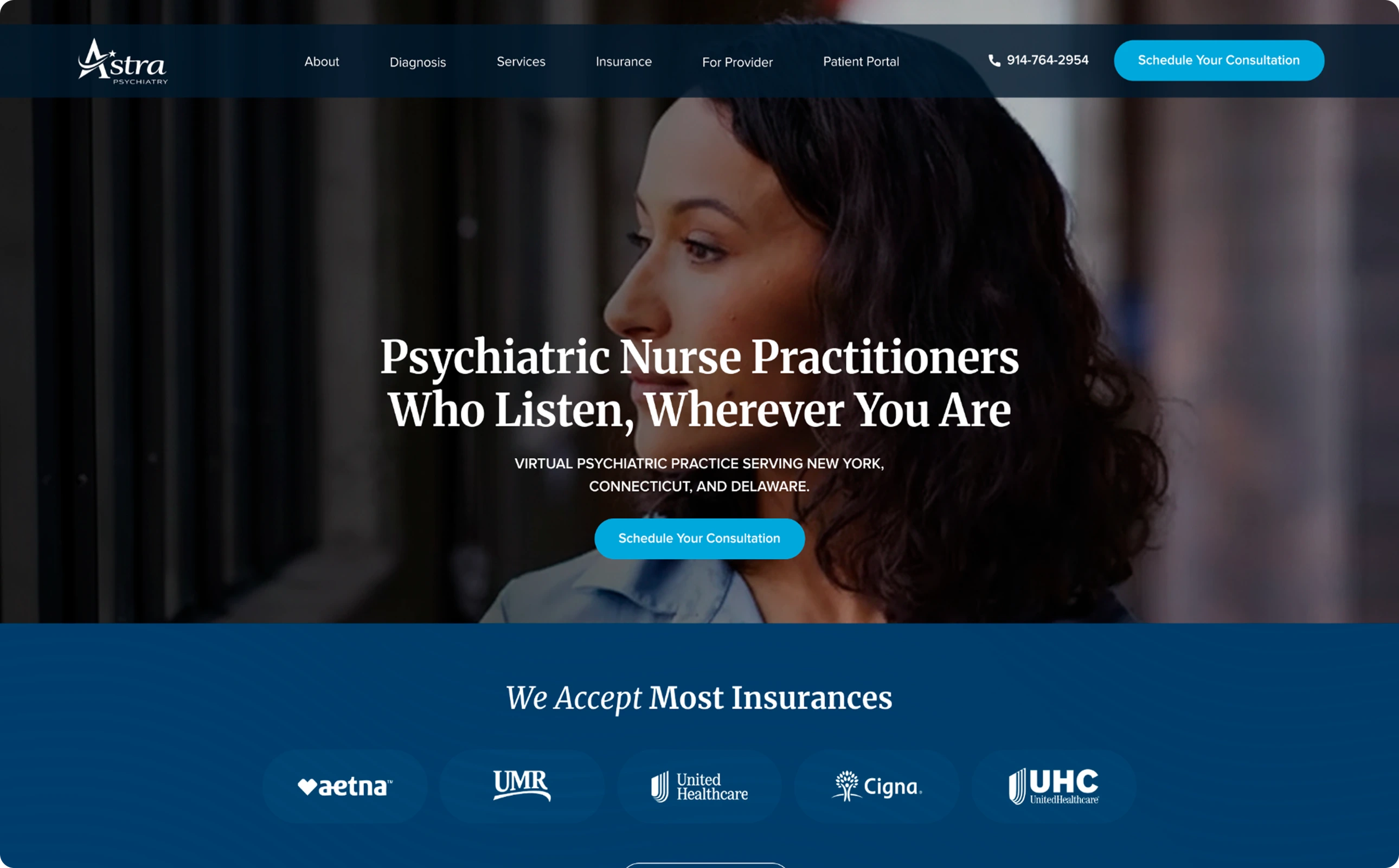 Astra Psychiatry homepage featuring psychiatric nurse practitioner with navigation menu and insurance logos
