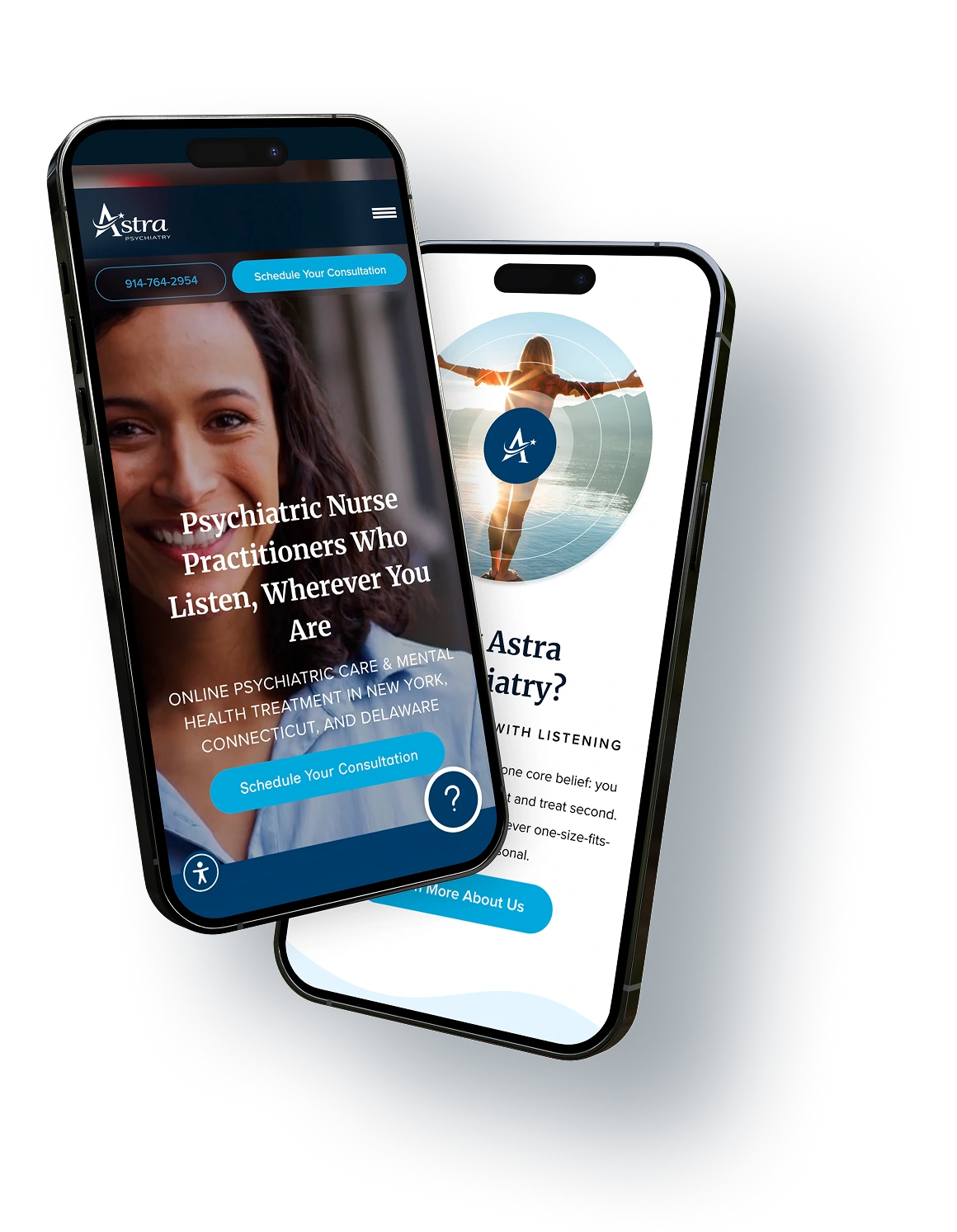 Two smartphones displaying Astra Psychiatry website and mobile app featuring psychiatric nurse practitioners and mental health services for New York, Connecticut, and Delaware
