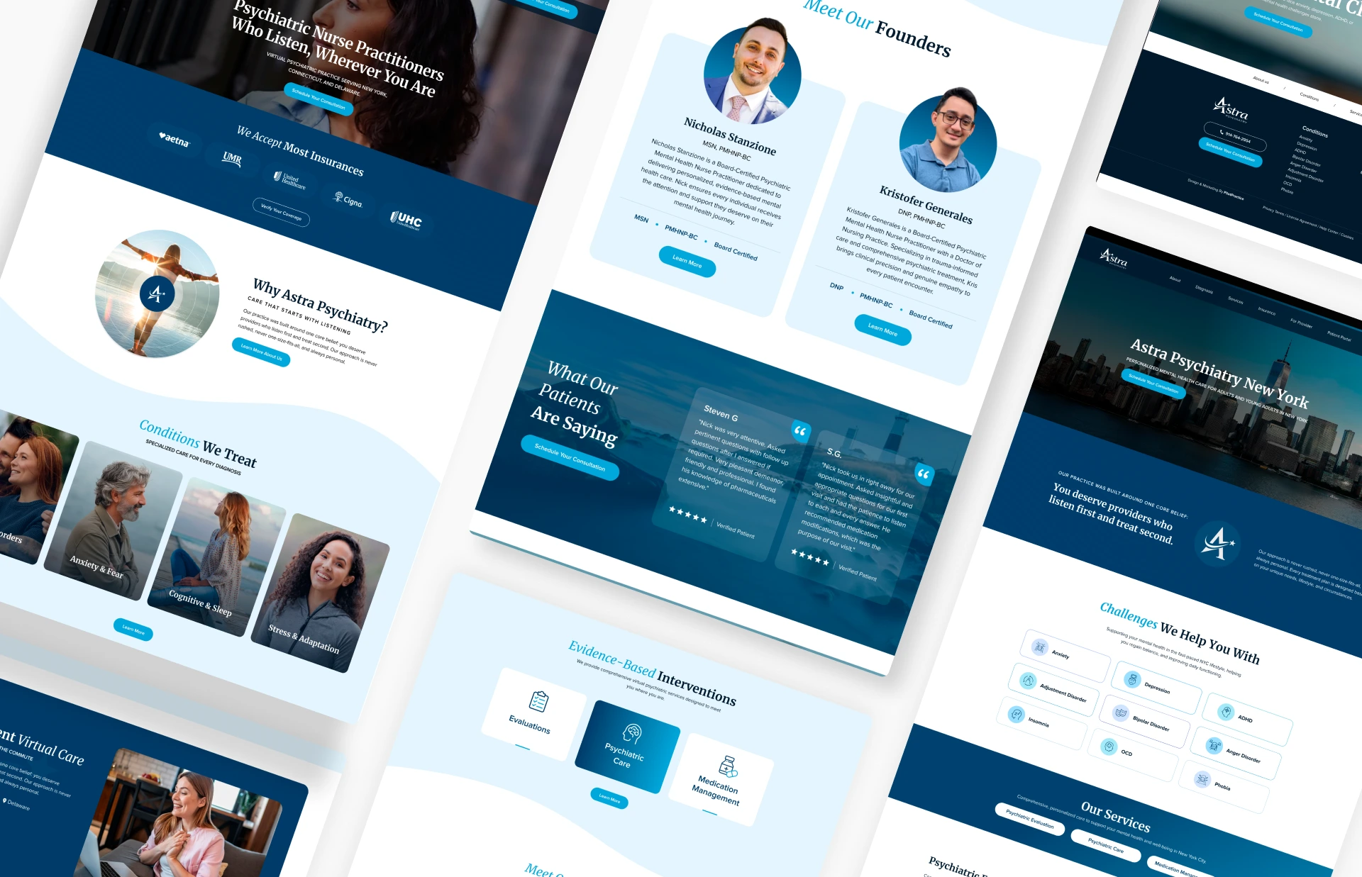Multiple webpage mockups from Astra Psychiatry website showcasing services, team members, and patient testimonials