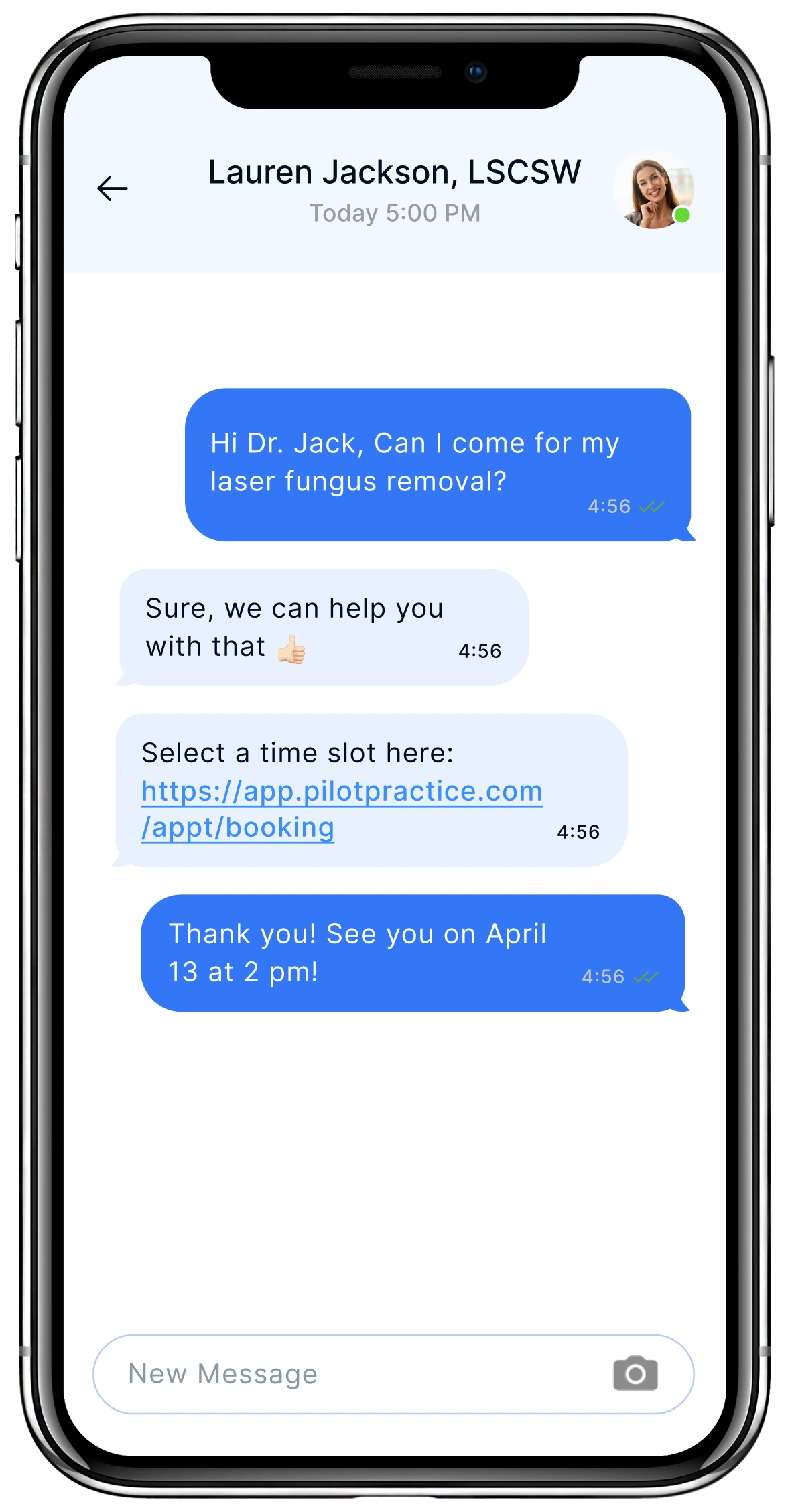 Mobile phone screen showing chat with Lauren Jackson, LCSW, requesting laser fungus removal appointment and confirmation for April 13 at 2 pm
