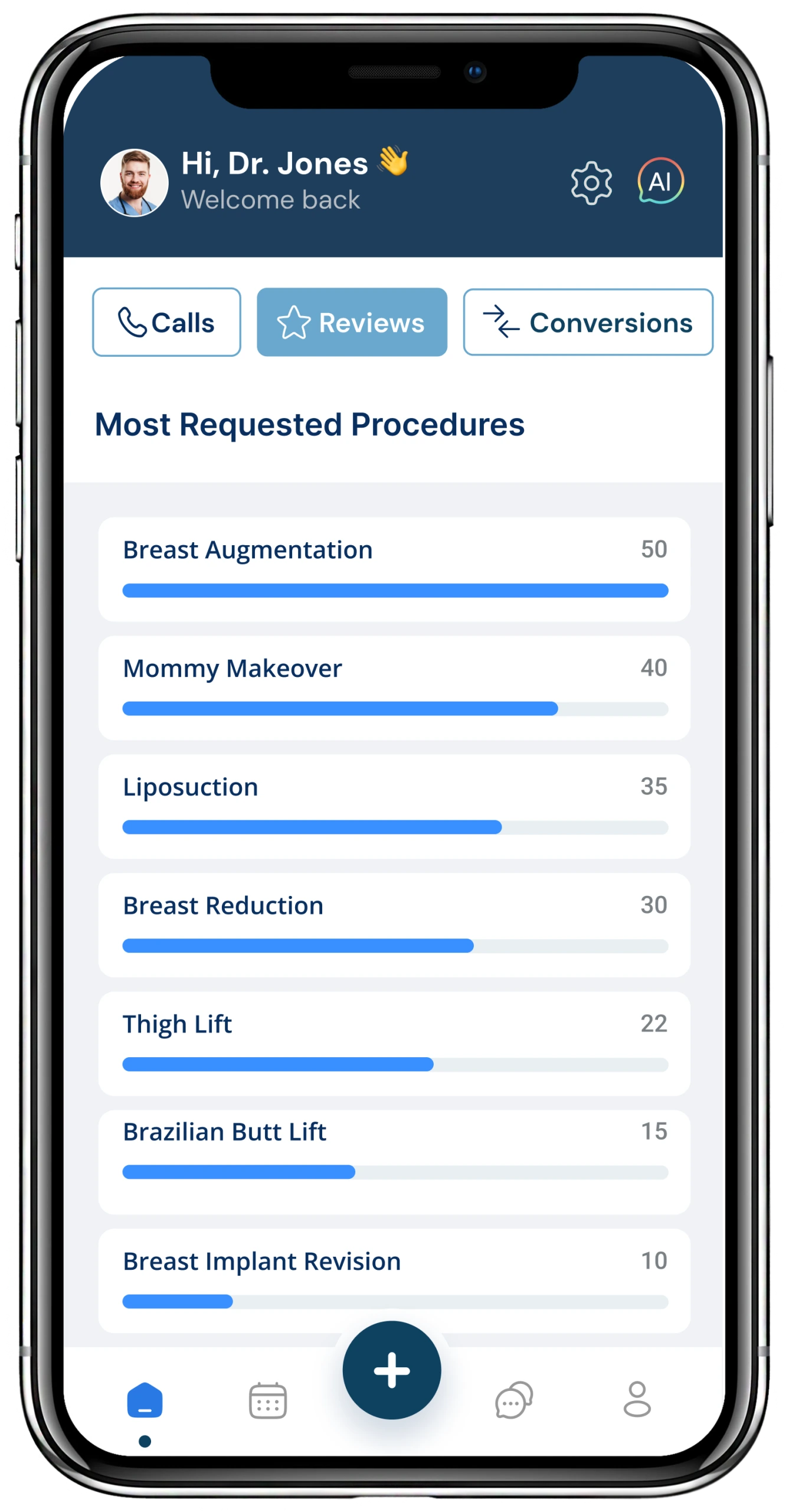 Mobile phone screen showing Dr. Jones' dashboard with most requested procedures listed: breast augmentation, mommy makeover, liposuction, breast reduction, thigh lift, Brazilian butt lift, and breast implant revision with request volumes