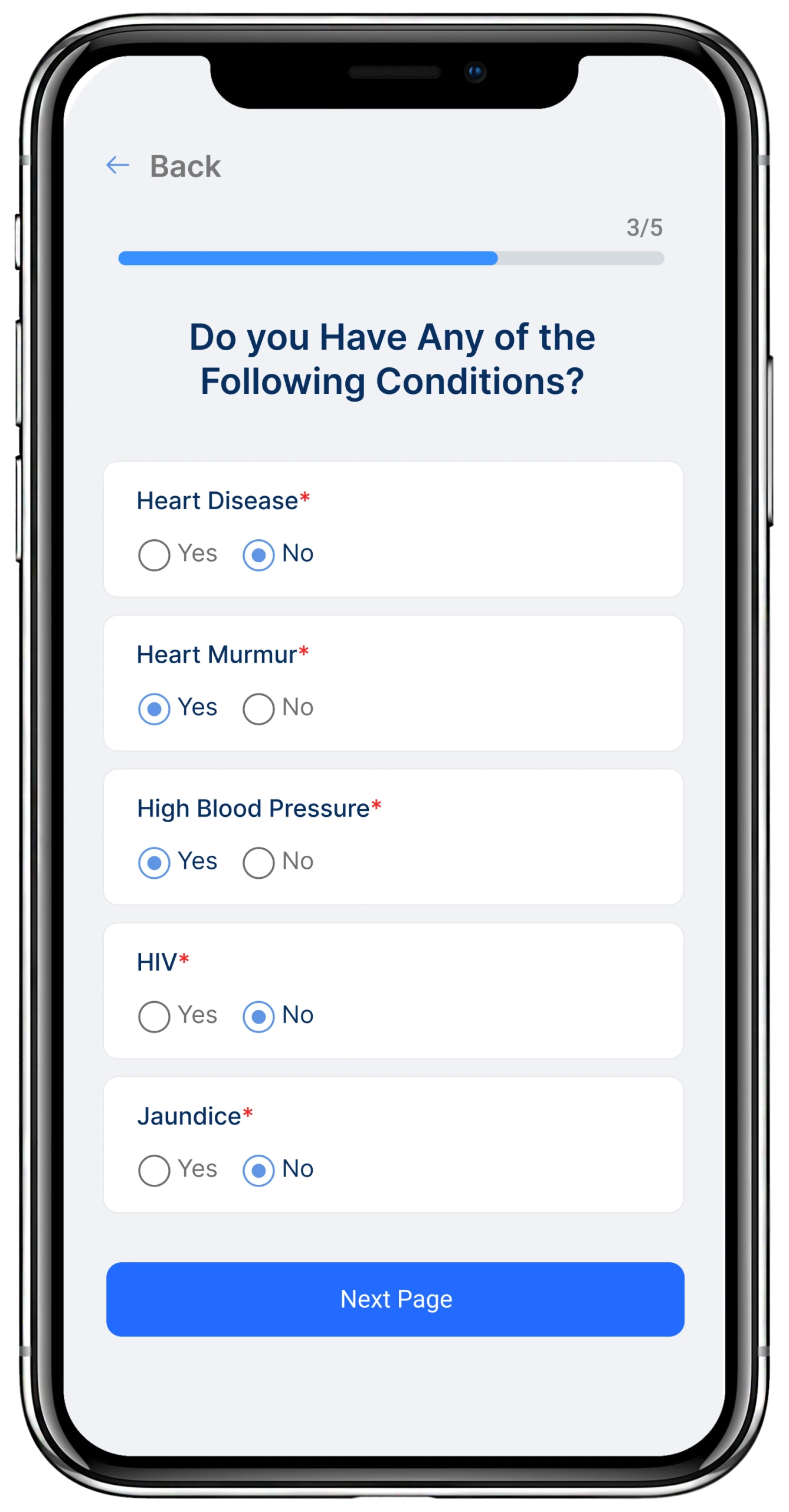 Mobile phone screen showing new patient intake form page 3 of 5, with medical condition questions about heart disease, heart murmur, blood pressure, HIV, and jaundice